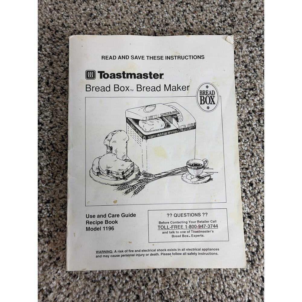 Toastmaster‎ Bread Maker Machine Model 1196 Instruction Manual Recipe Book